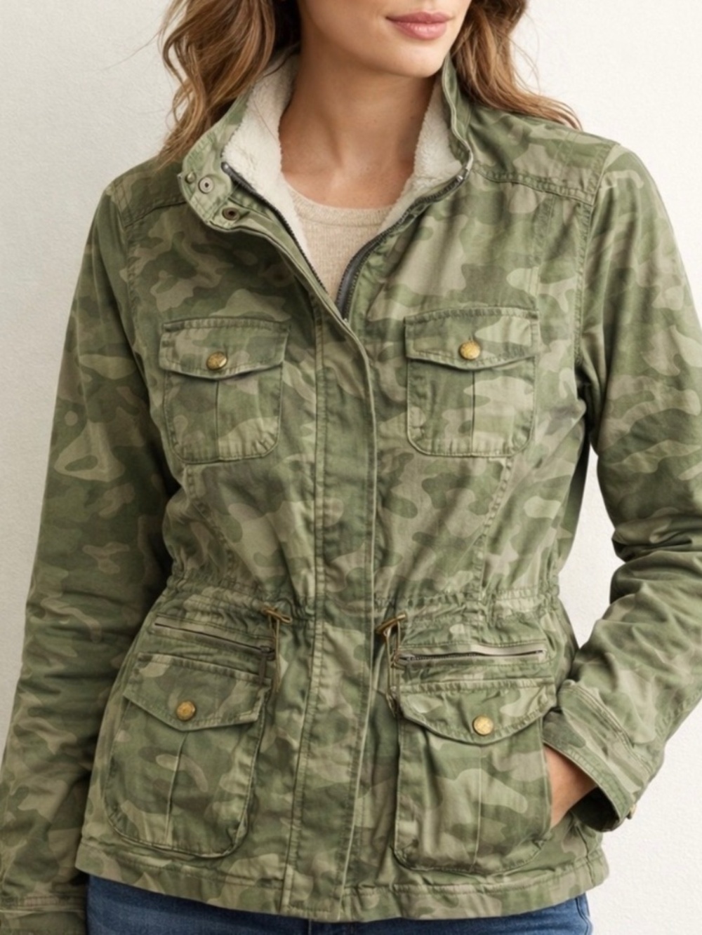 L.L.Bean Camo Utility Field Jacket Size S β Military Style Hiking Sherpa lined